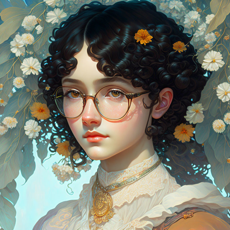 Young woman with curly hair and round glasses in digital portrait surrounded by white flowers on pale blue background