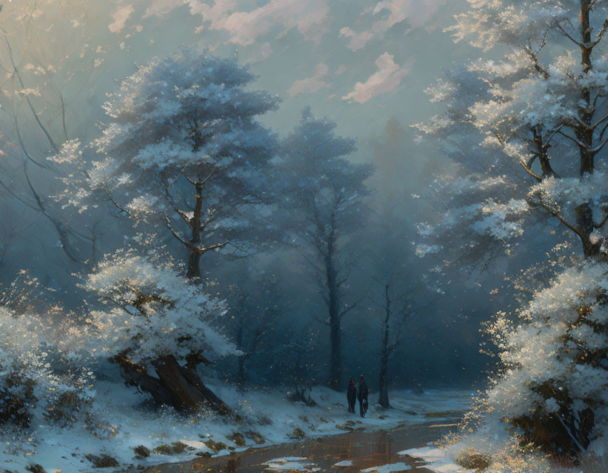 Snowy Forest Scene: Tall Trees, Two People Walking, Soft Glow of Light, Tranquil Atmos