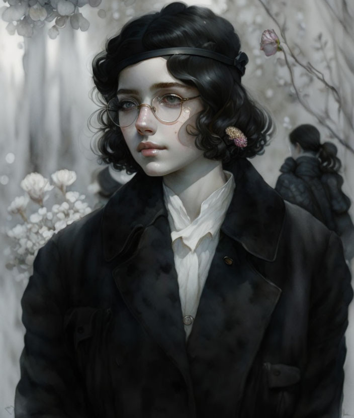 Stylized portrait of person with round glasses and curly hair in dark coat surrounded by pale flowers