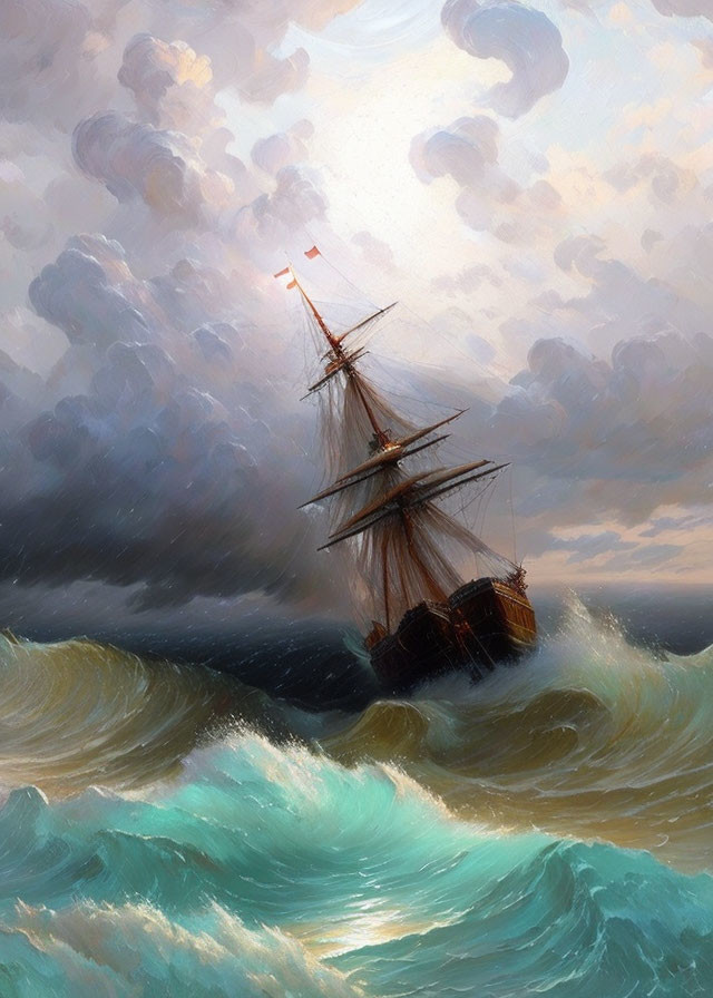 Sailing ship painting with tall masts in stormy sea waves