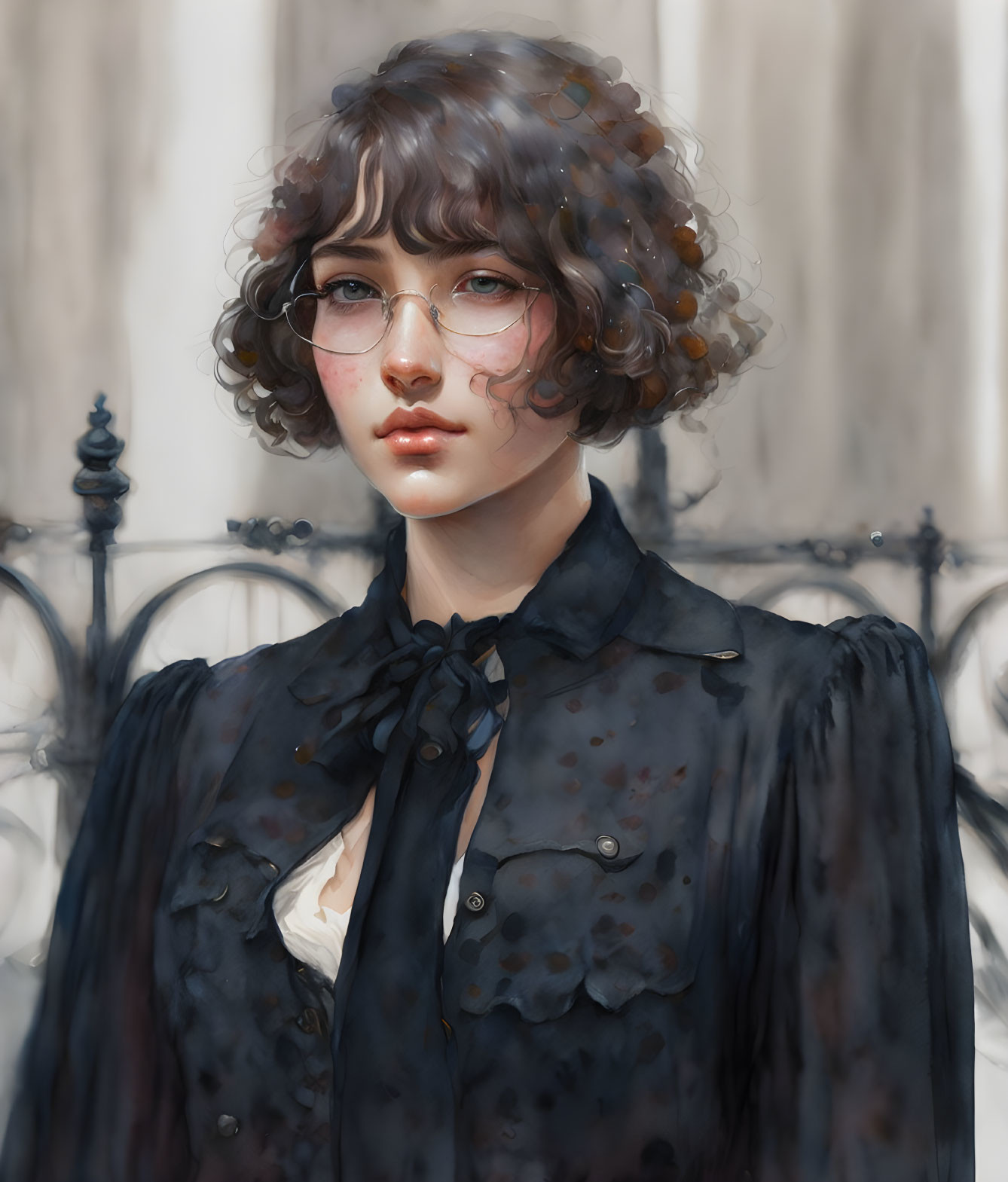 Digital painting: Person with curly hair, round glasses, dark blouse, standing in front of blurred background