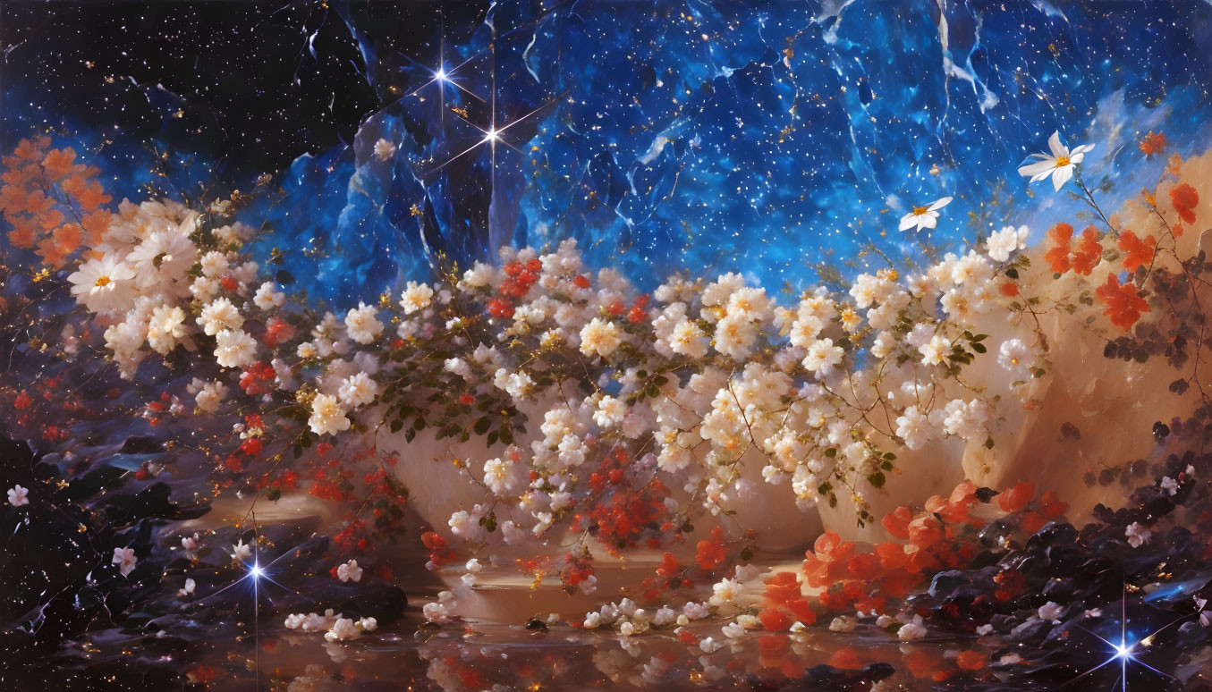 Celestial garden with white and orange flowers in cosmic scene