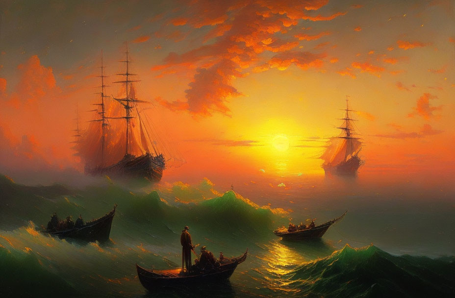 Vibrant sunset ocean scene with sailing ships and rowboats