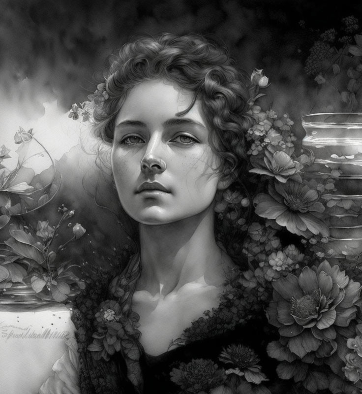 Monochrome image of woman with curly hair and floral elements.