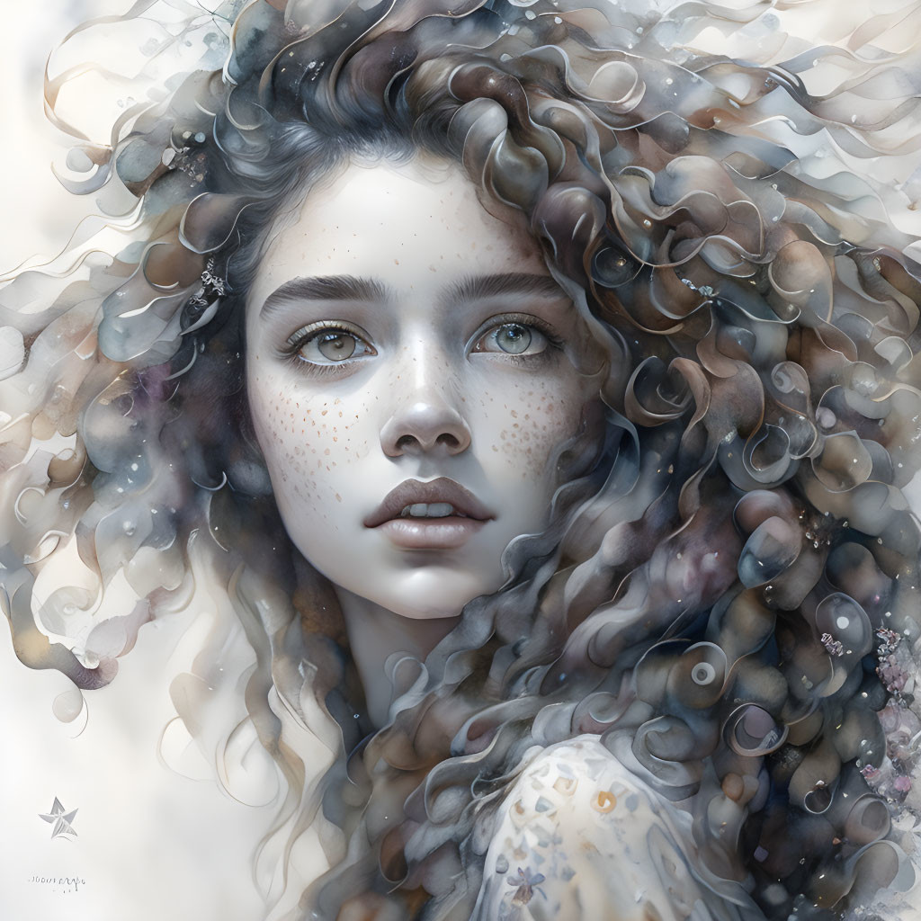 Digital painting: Young woman with freckles, blue eyes, and curly hair in fantasy smoke and