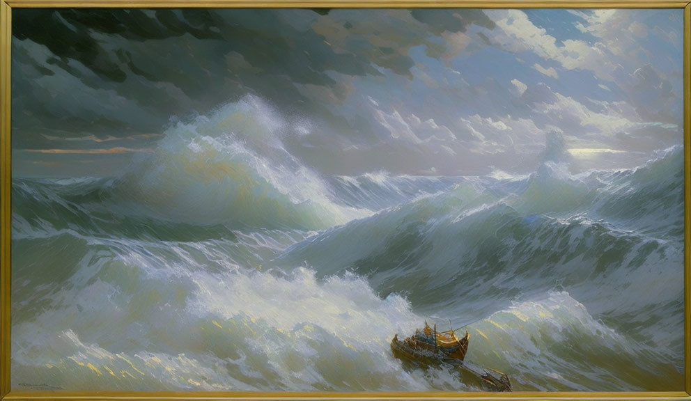 Stormy seas painting: small ship navigating turbulent waves