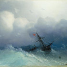 Sailing ship with billowing sails on tumultuous sea waves