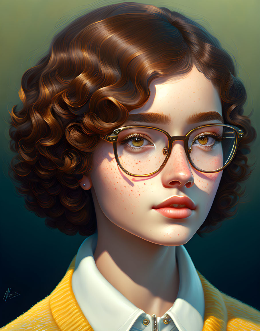 Young woman with curly hair, freckles, and glasses in yellow sweater and white collared shirt