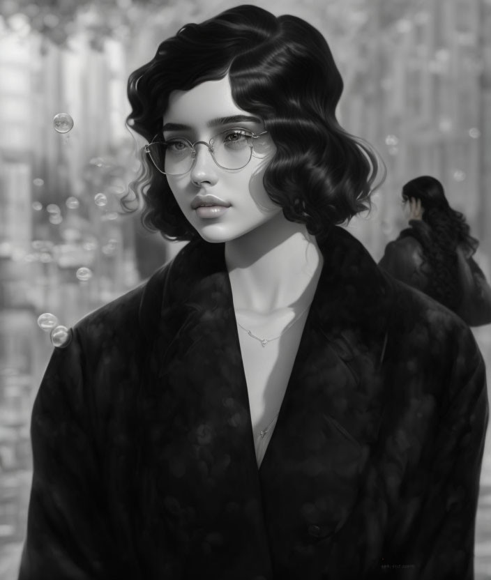 Monochrome image: person with curly hair, glasses, patterned jacket, bubbles, blurred figure