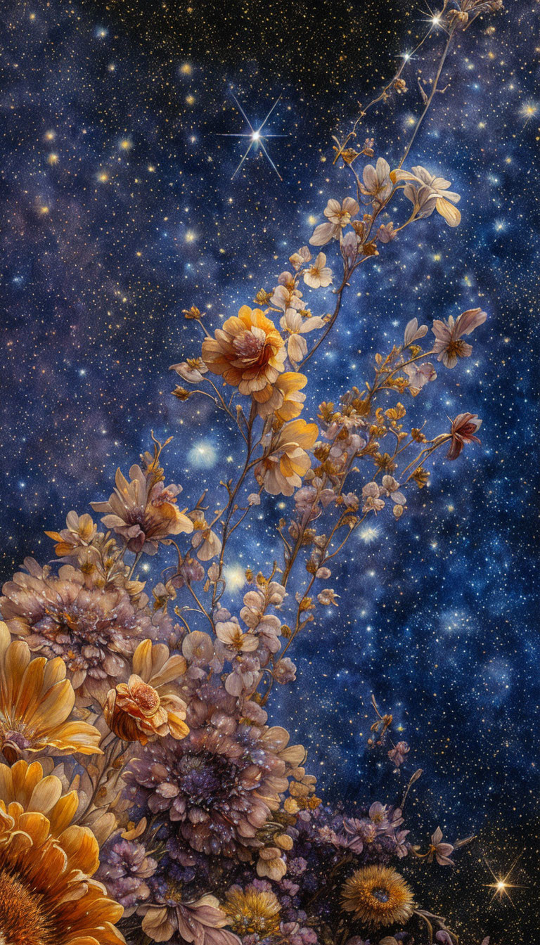 Floral Blooms on Starry Night Sky Merge Nature and Cosmos