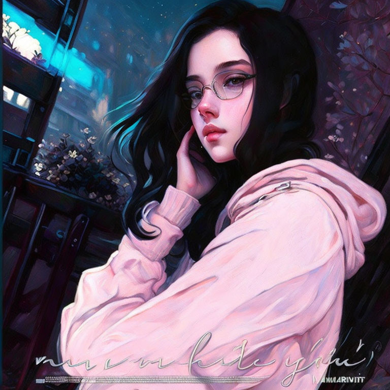 Digital artwork: Pensive girl in glasses, hooded top, night floral backdrop & neon signs