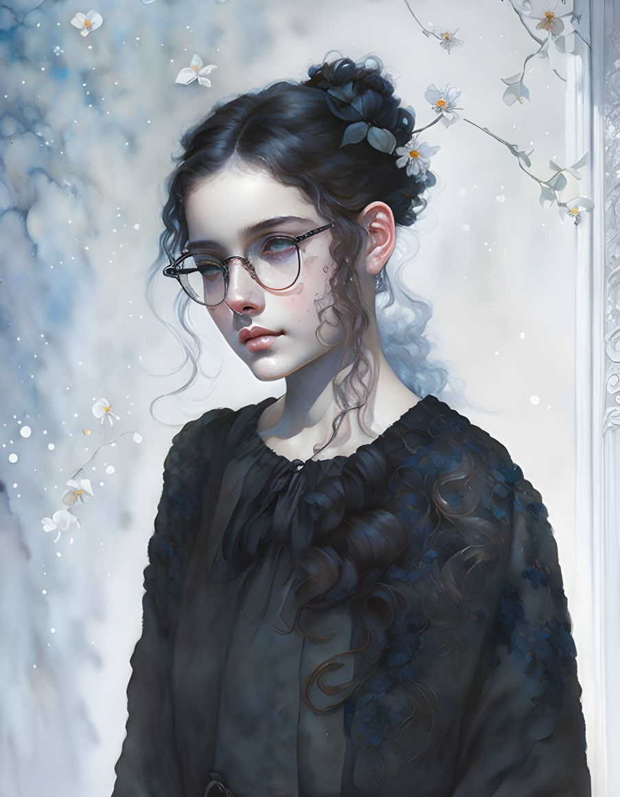 Young woman with curly hair and glasses in dark blouse among white blossoms