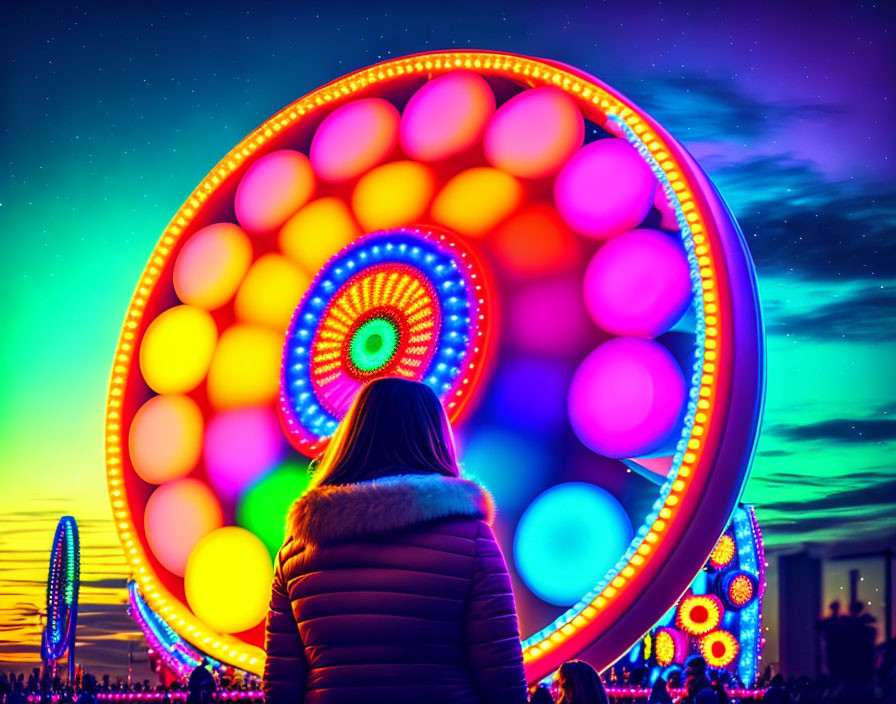 Person in Winter Coat Watching Colorful Ferris Wheels at Twilight