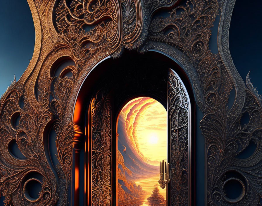 Carved ornate door reveals surreal landscape with winding path and sun.