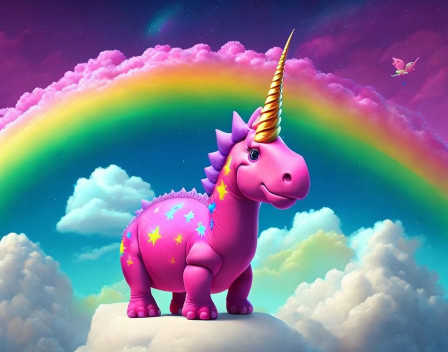 Colorful Smiling Pink Unicorn under Rainbow