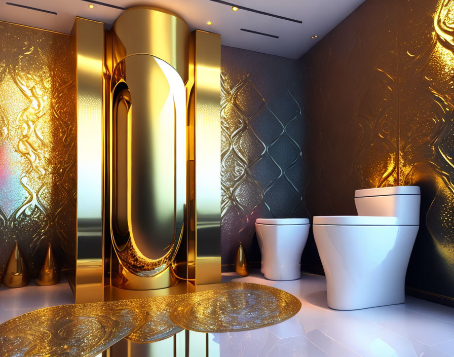 Opulent bathroom with gold accents, modern fixtures, and ornate wall patterns