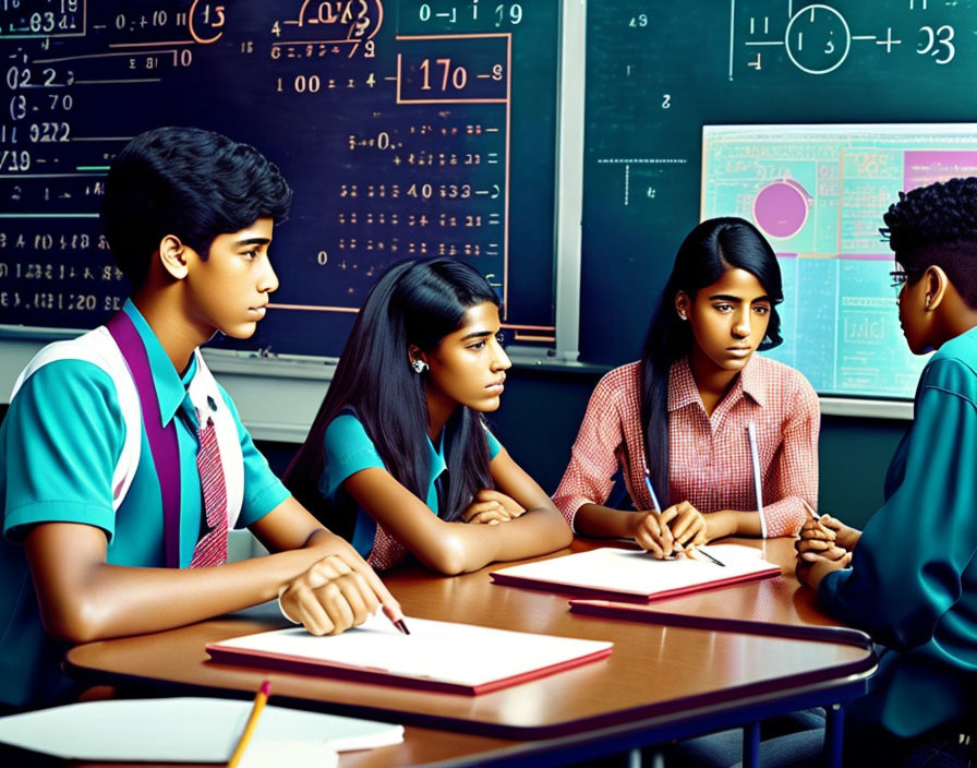 Students in uniforms listening to peer explain math problem in classroom