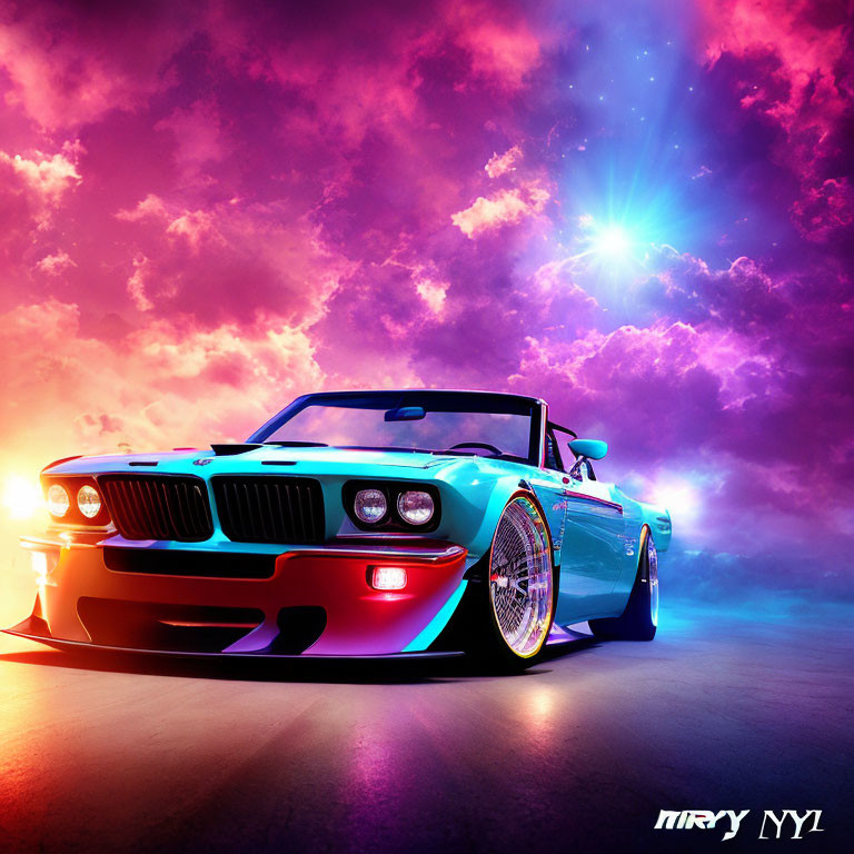 Modified BMW in Vibrant Blue against Dramatic Sunset Sky