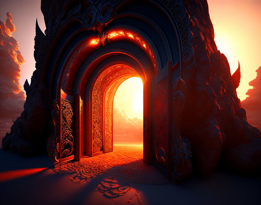 Ornate open doorway on rocky landscape at sunset