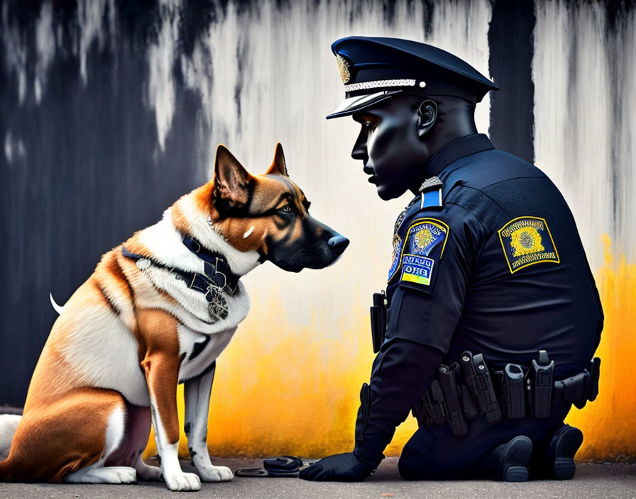 Police officer and K-9 unit dog sitting together against dark backdrop