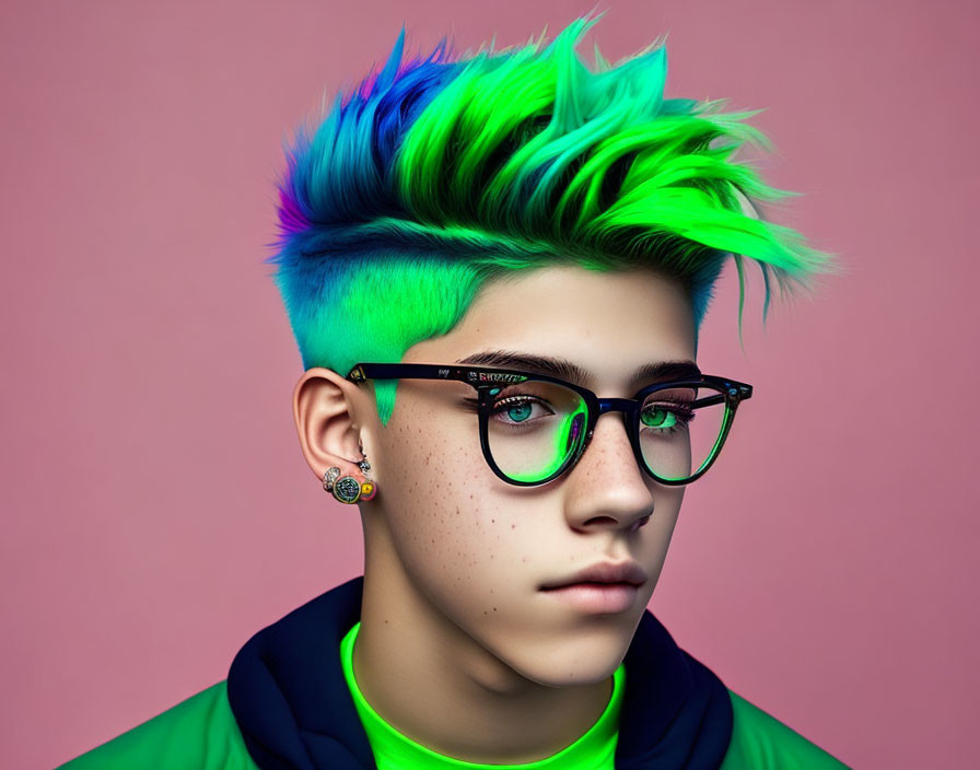 Vibrant blue and green spiked hair with black-rimmed glasses on pink background