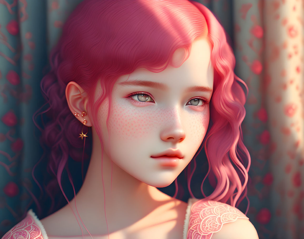 Digital artwork featuring girl with pink hair and freckles in dreamy expression, star earring,