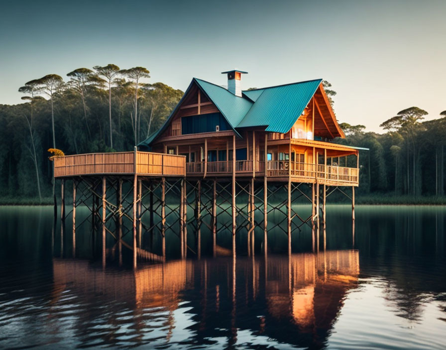 Scenic wooden stilt house on calm lake at sunset