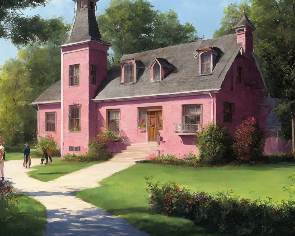 Digital painting of pink cottage, greenery, people, and dog on pathway