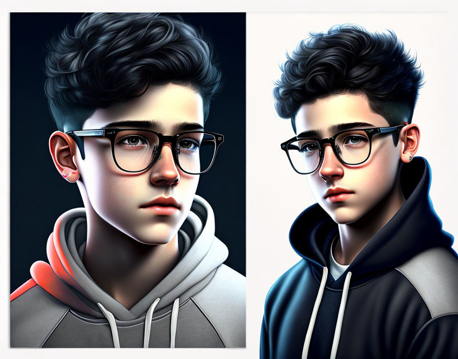 Stylized digital artwork of young male with glasses and curly hair in two poses