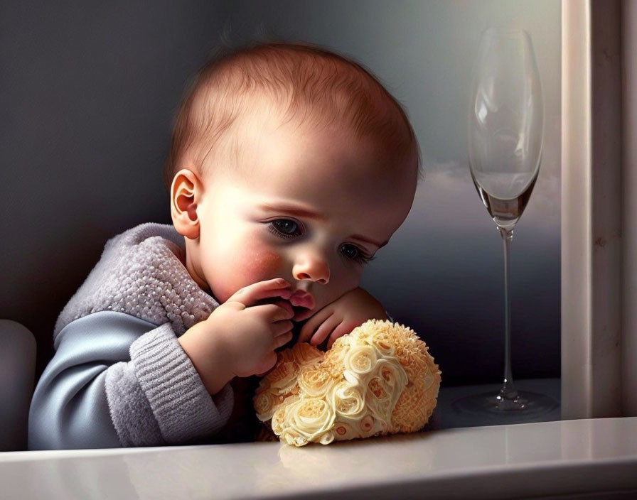 Baby leaning on windowsill with yellow stuffed toy and glass of water in soft light