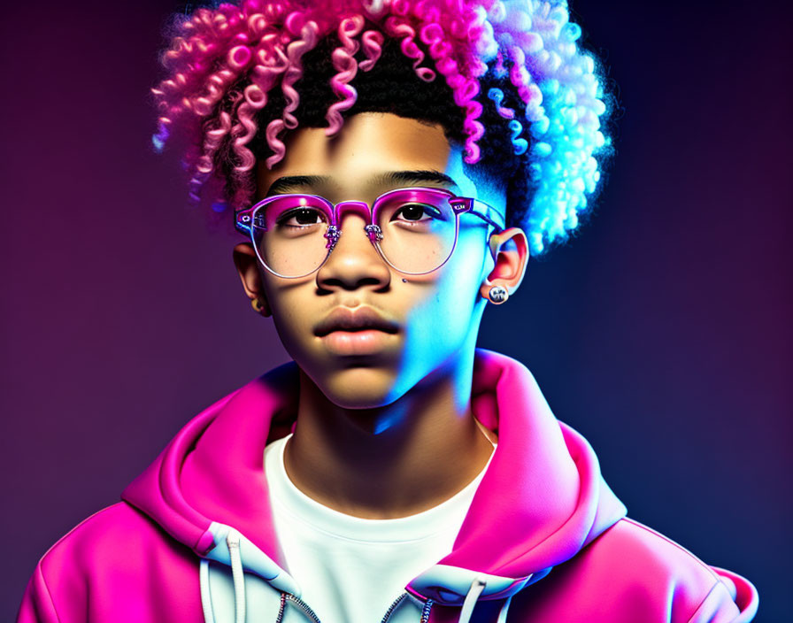 Digital artwork of person with pink and white curly hair in glasses and pink hoodie on purplish backdrop