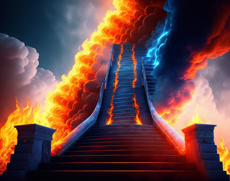 Dramatic staircase with swirling flames and billowing smoke