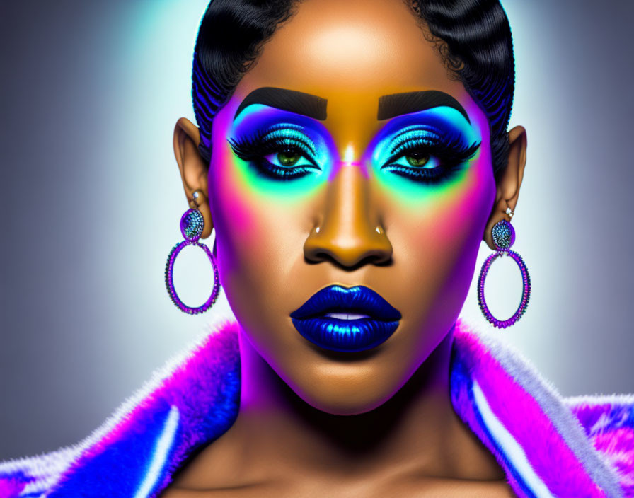 Woman with Vibrant Makeup, Blue Lipstick, Hoop Earrings, Neon Faux Fur