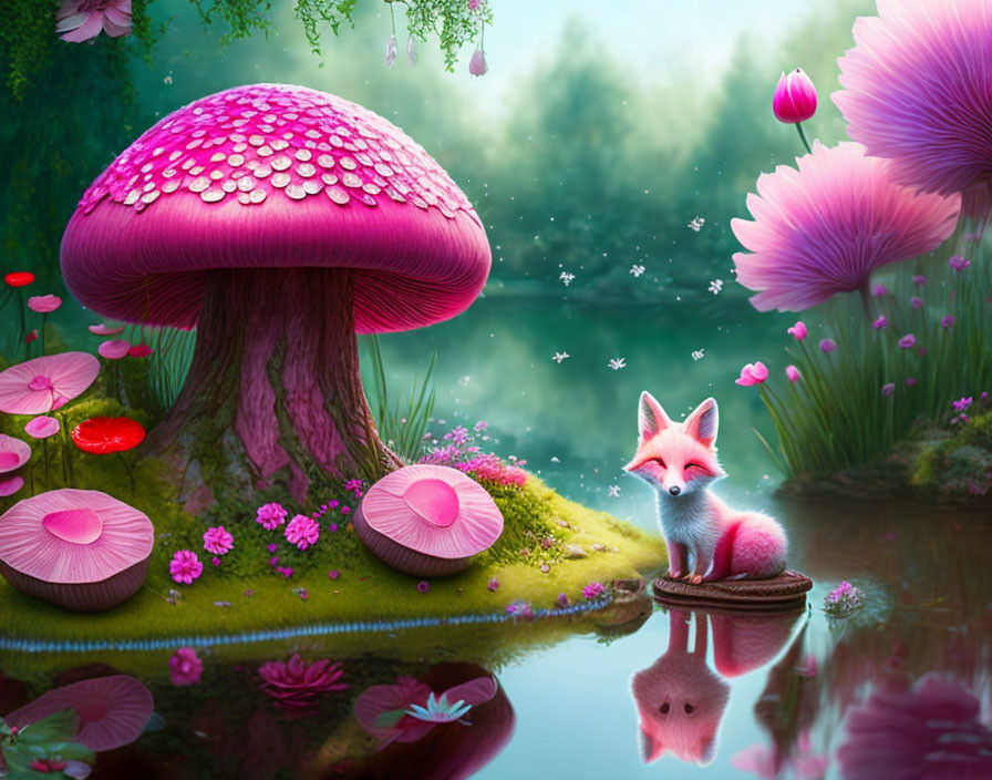 Fantasy scene with oversized pink mushroom, whimsical fox, flowers, and floating lights