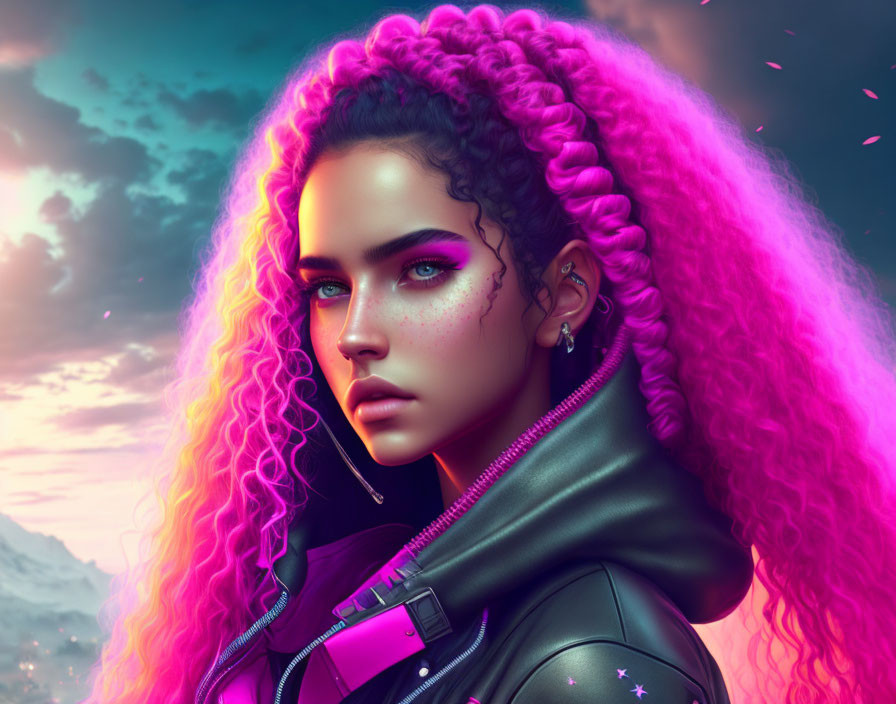 Digital artwork: Woman with pink ombre braids, blue eyes, black leather jacket in twilight