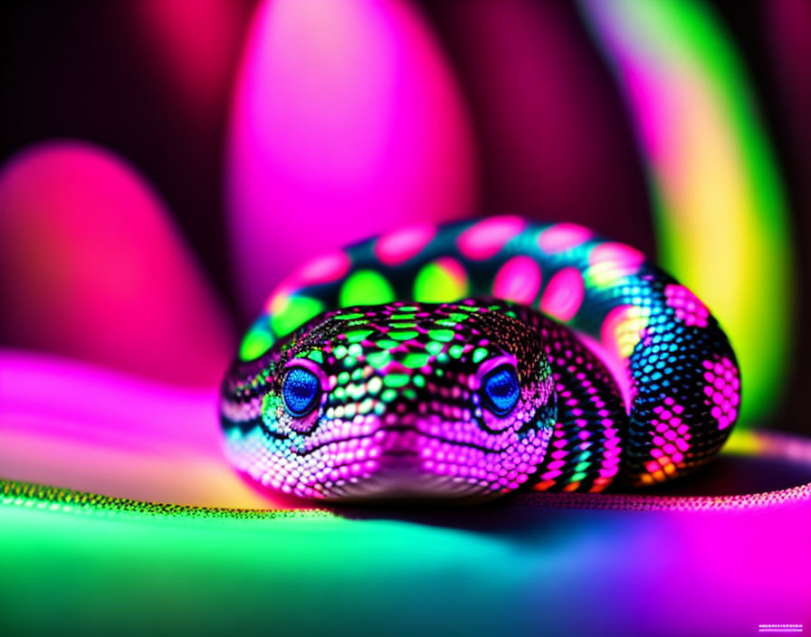 Vibrant snake with multicolored scales on rainbow background