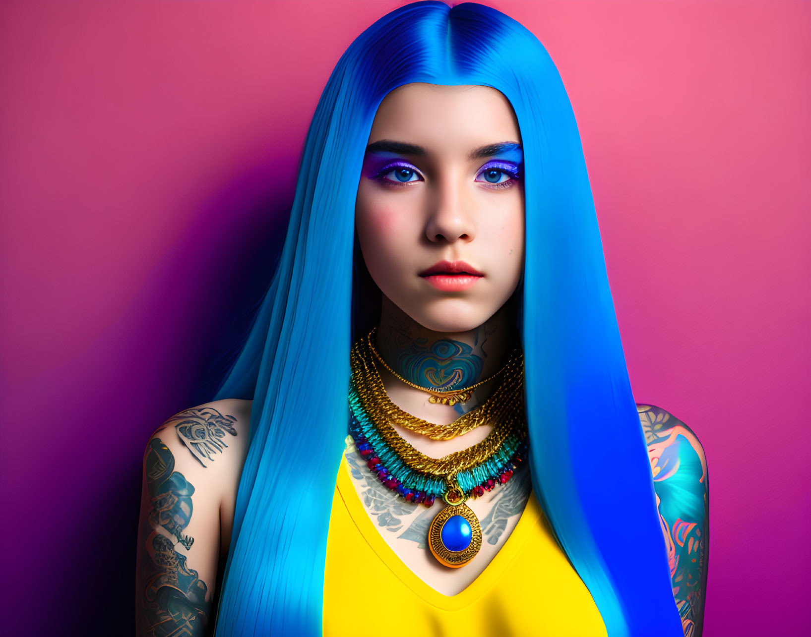 Colorful portrait of woman with blue hair, tattoos, and jewelry on gradient backdrop