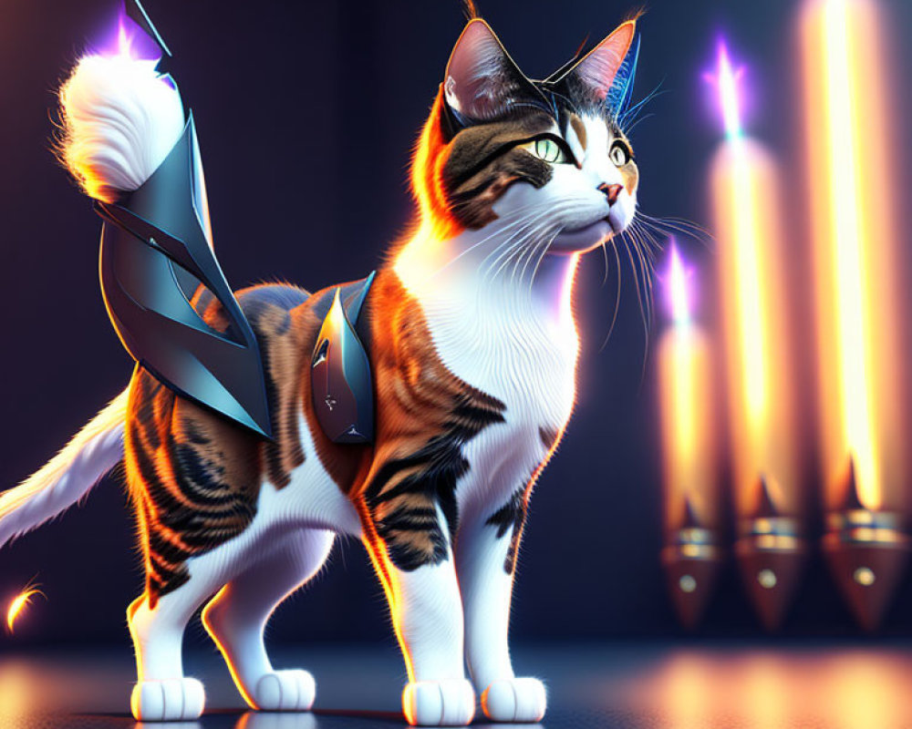 Digital illustration: Futuristic armored cat in neon lights