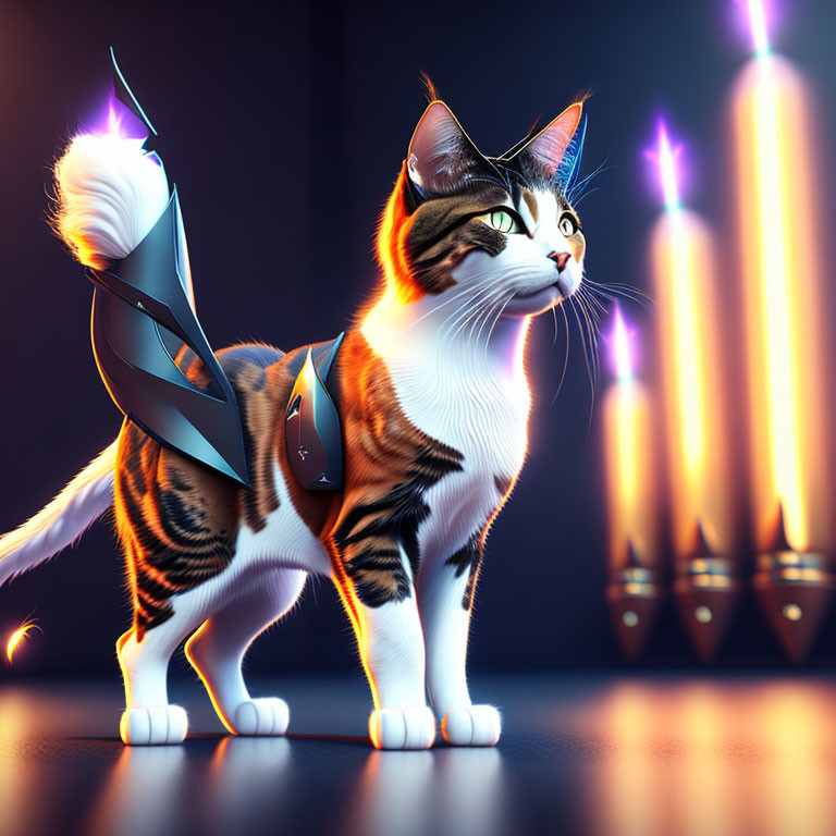 Digital illustration: Futuristic armored cat in neon lights