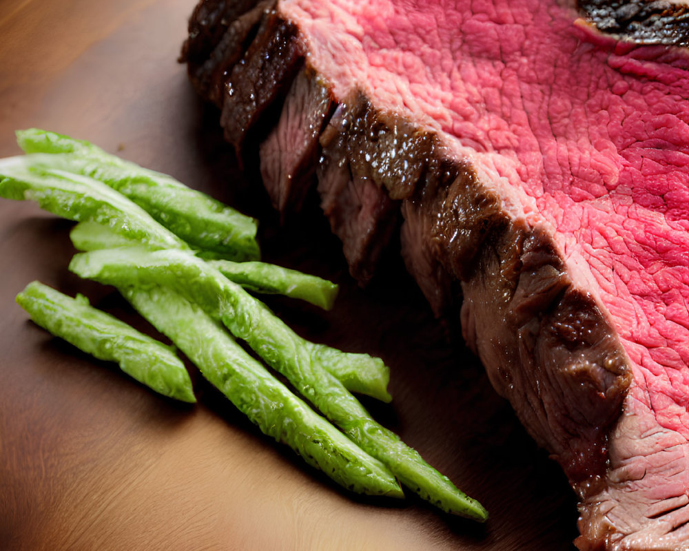 Medium-Rare Steak Slices with Pink Center and Asparagus on Wooden Board