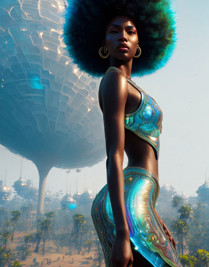 Afro woman in futuristic iridescent outfit against sci-fi cityscape