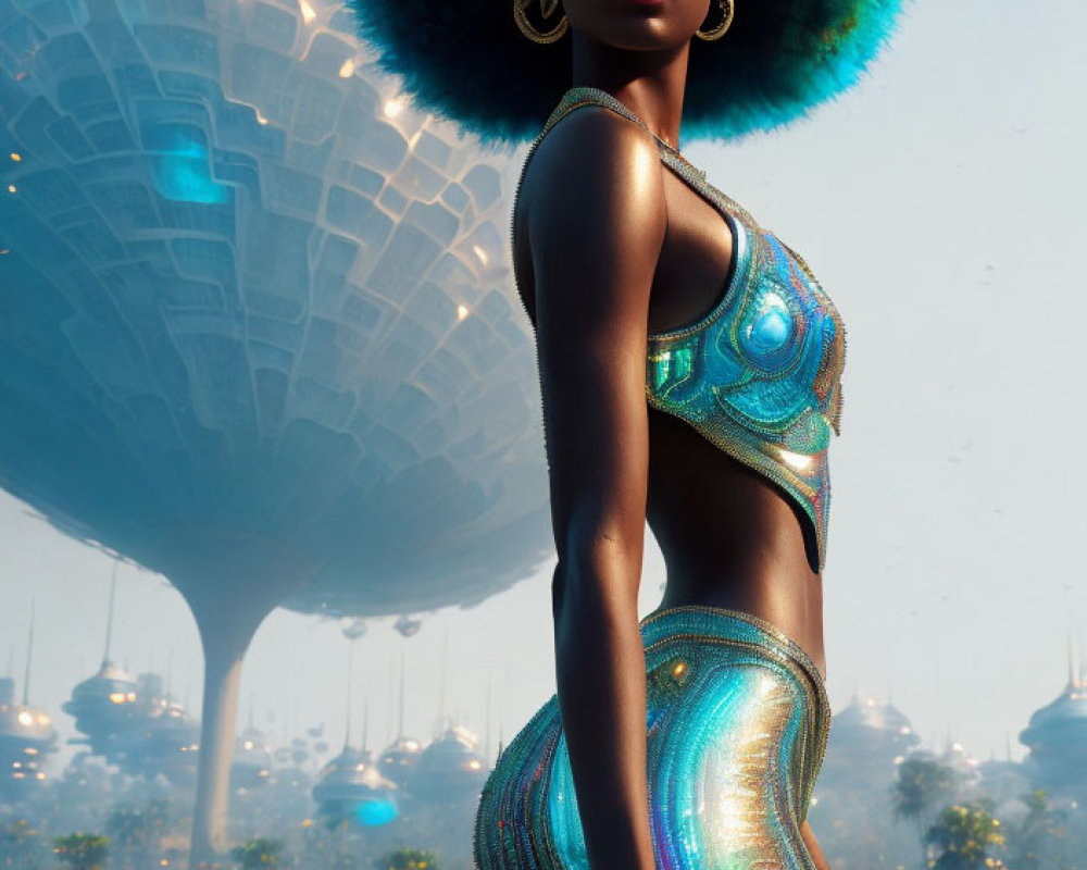 Afro woman in futuristic iridescent outfit against sci-fi cityscape