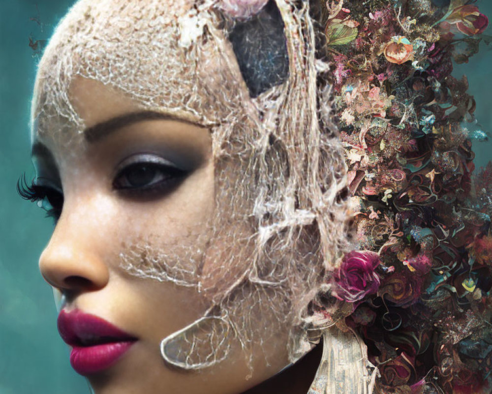 Elaborate Floral Headpiece and Dramatic Makeup on Woman Portrait