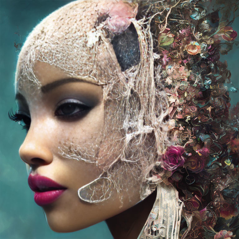 Elaborate Floral Headpiece and Dramatic Makeup on Woman Portrait