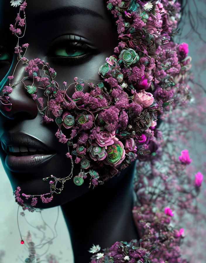 Portrait of Person with Dark Skin Adorned with Purple and Pink Flowers