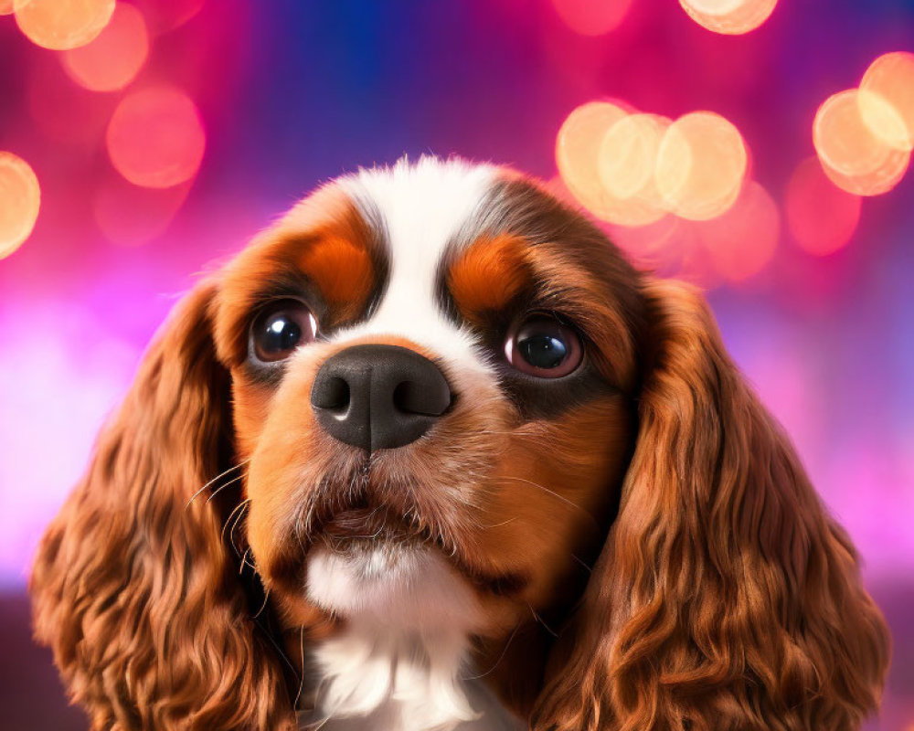 Cavalier King Charles Spaniel with soulful eyes on vibrant bokeh background