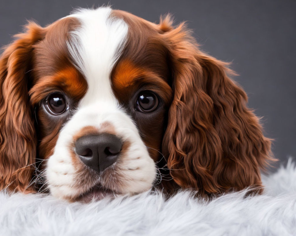 Cavalier King Charles Spaniel with expressive eyes and chestnut coat resting on gray surface