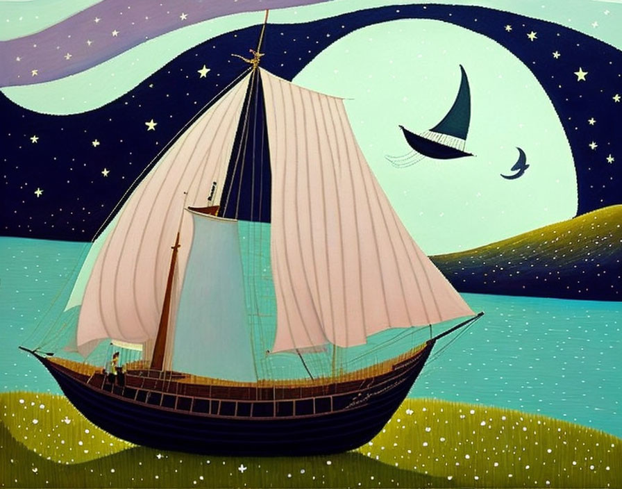 Stylized sailing ship on green waves under crescent moon