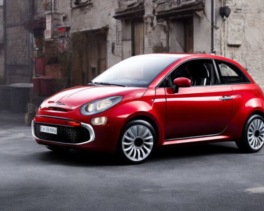 Red Fiat 500 with white roof and chrome wheels on cobblestone street