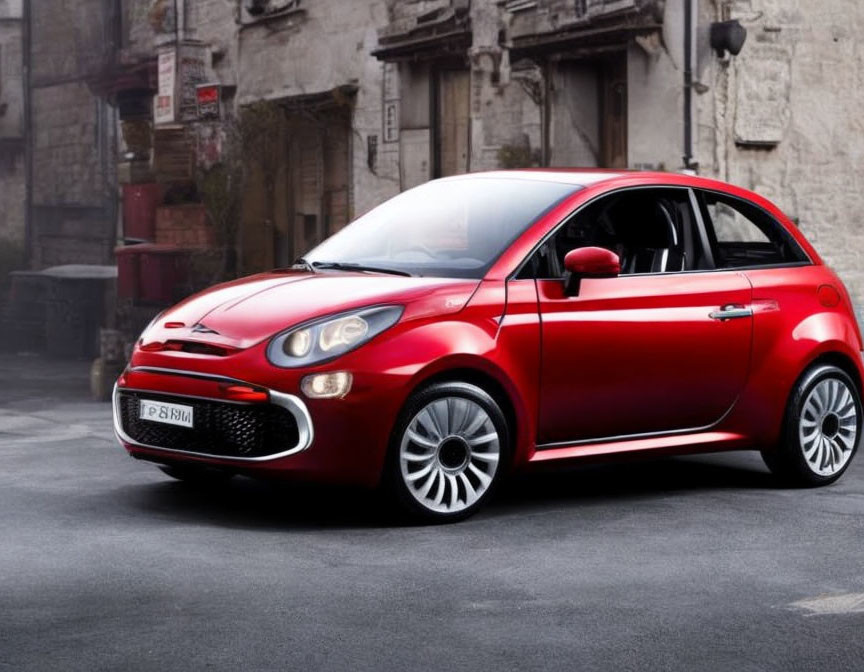 Red Fiat 500 with white roof and chrome wheels on cobblestone street